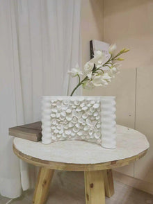 Cadrune Handcrafted Floral Relief Plaster Vase, white raised floral-relief ceramic vase, product view 4