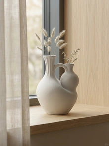Cadrune Double-Neck Sculptural Ceramic Vase, off-white textured double-neck ceramic vase, product view 2