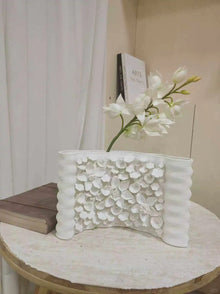 Cadrune Handcrafted Floral Relief Plaster Vase, white raised floral-relief ceramic vase, product view 5
