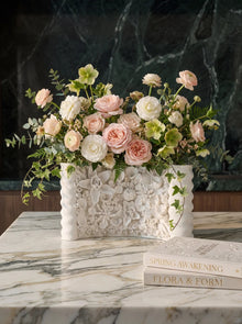 Cadrune Handcrafted Floral Relief Plaster Vase, white raised floral-relief ceramic vase, product view 2