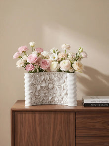 Cadrune Handcrafted Floral Relief Plaster Vase, white raised floral-relief ceramic vase, product view 3
