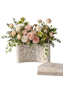 Cadrune Handcrafted Floral Relief Plaster Vase, white raised floral-relief ceramic vase, product view 1