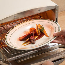 Oval porcelain steak plate with food placed inside a countertop oven.