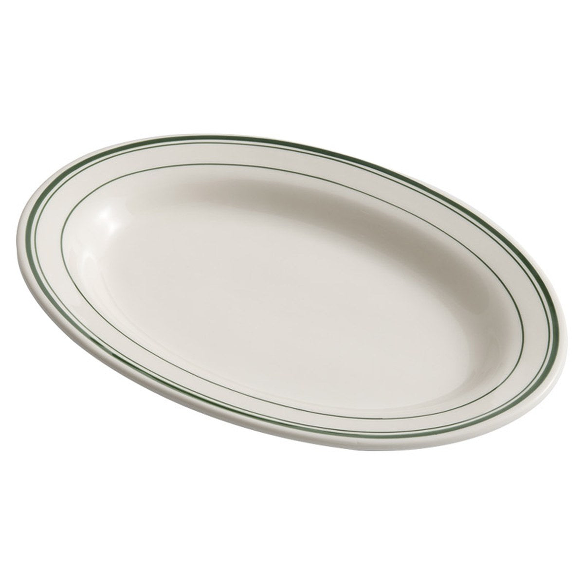 White oval porcelain steak plate with a fine green line rim on a clean background.