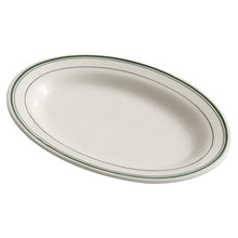 White oval porcelain steak plate with a fine green line rim on a clean background.